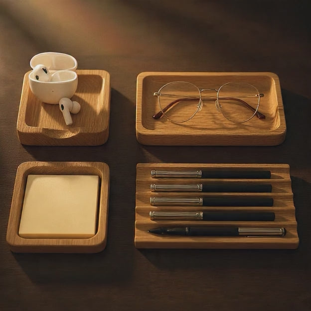 Premium Walnut Desk Docking Station – Handcrafted Wooden Organizer for Phone, Glasses & Daily Essentials