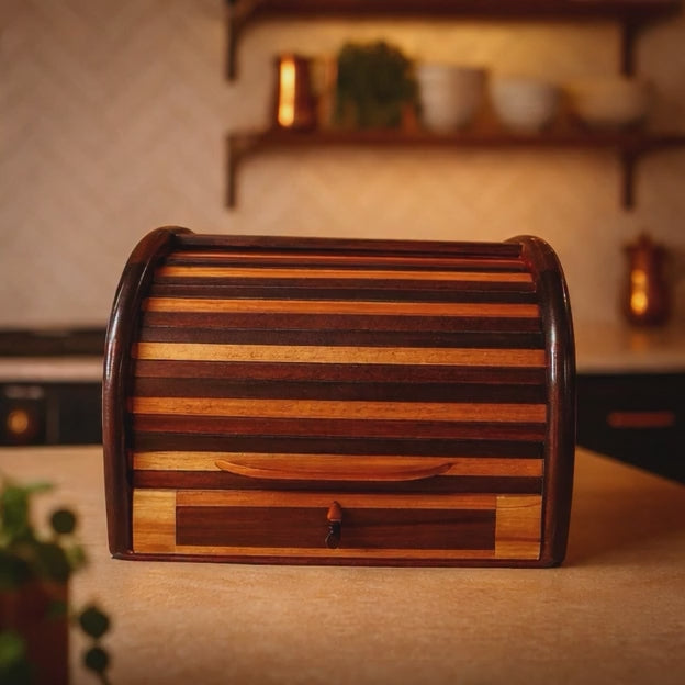 Handcrafted Wooden Bread Box with Roll-Top Lid & Sliding Crumb Drawer - Premium Countertop Bread Storage Organizer