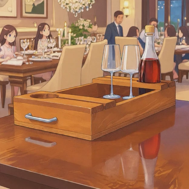 Wooden Wine Serving Tray for Bottle & Glasses – Charcuterie Board with Bronze Handles