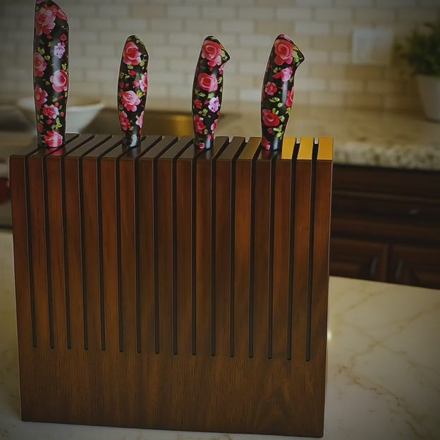 Handcrafted Wooden Knife Block Holder - Premium Countertop Knife Organizer with Ventilated Slots